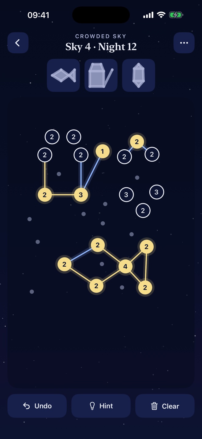 A Constellations sky with numbered stars and gold lines being drawn between them.