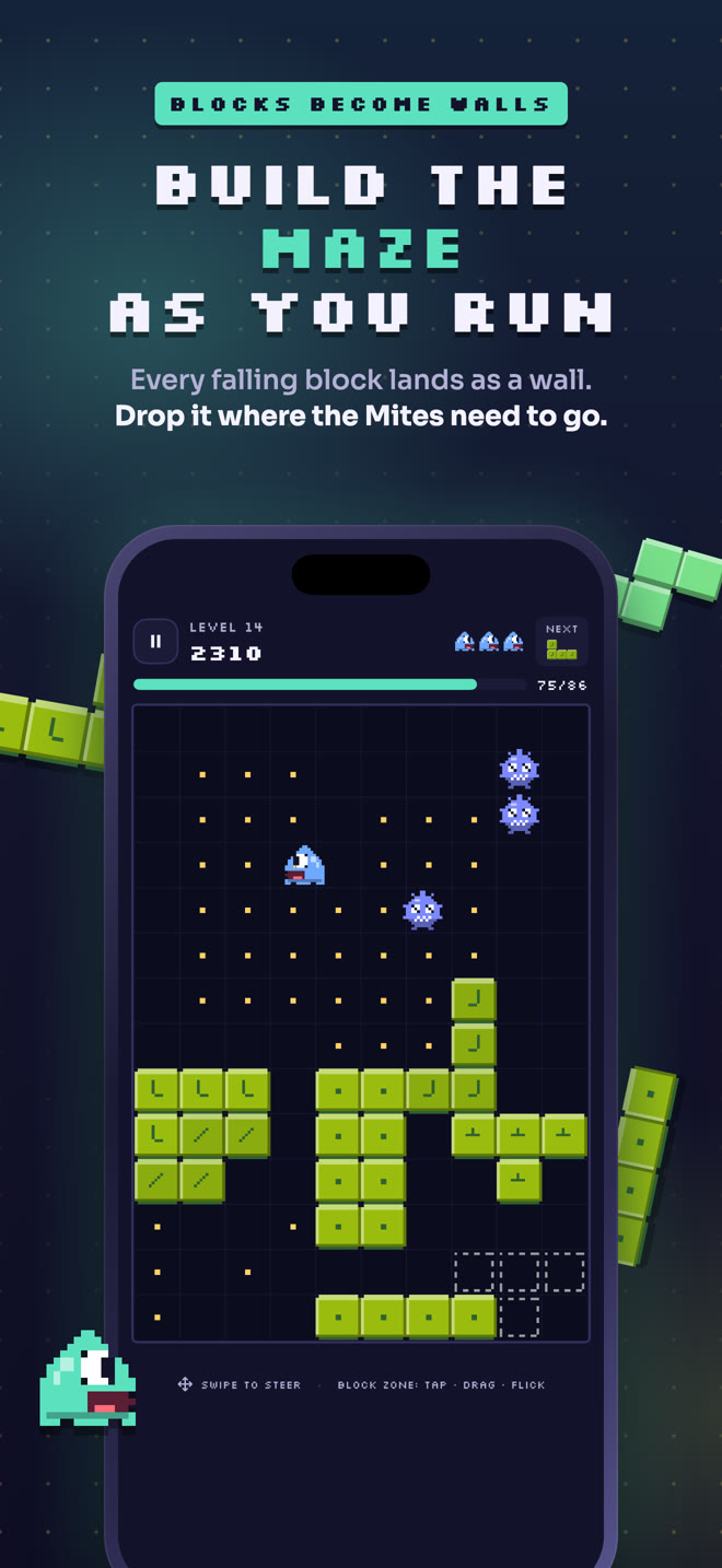 A falling block about to land in the Gloopfall maze and become a new wall.