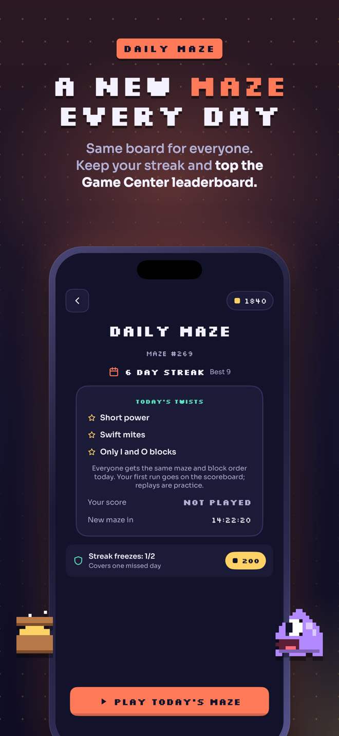 The Daily Maze screen with today's board, streak and leaderboard.