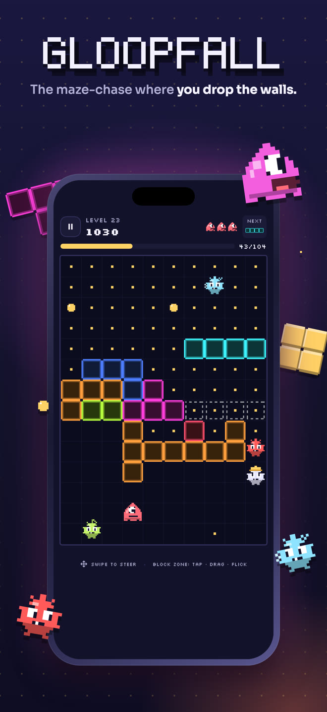 The Gloopfall board: Gloop the slime in a pixel maze of pellets, with falling blocks and Mites.