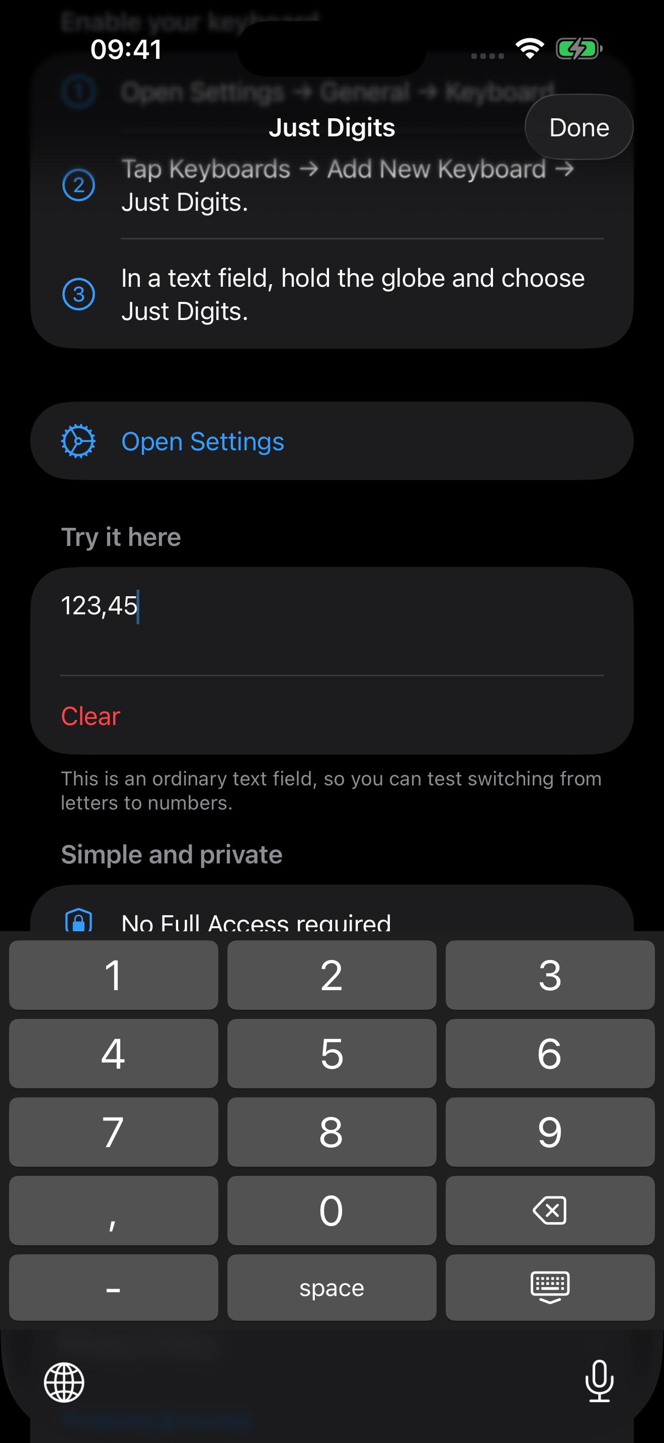 The Just Digits number pad keyboard open in dark appearance.
