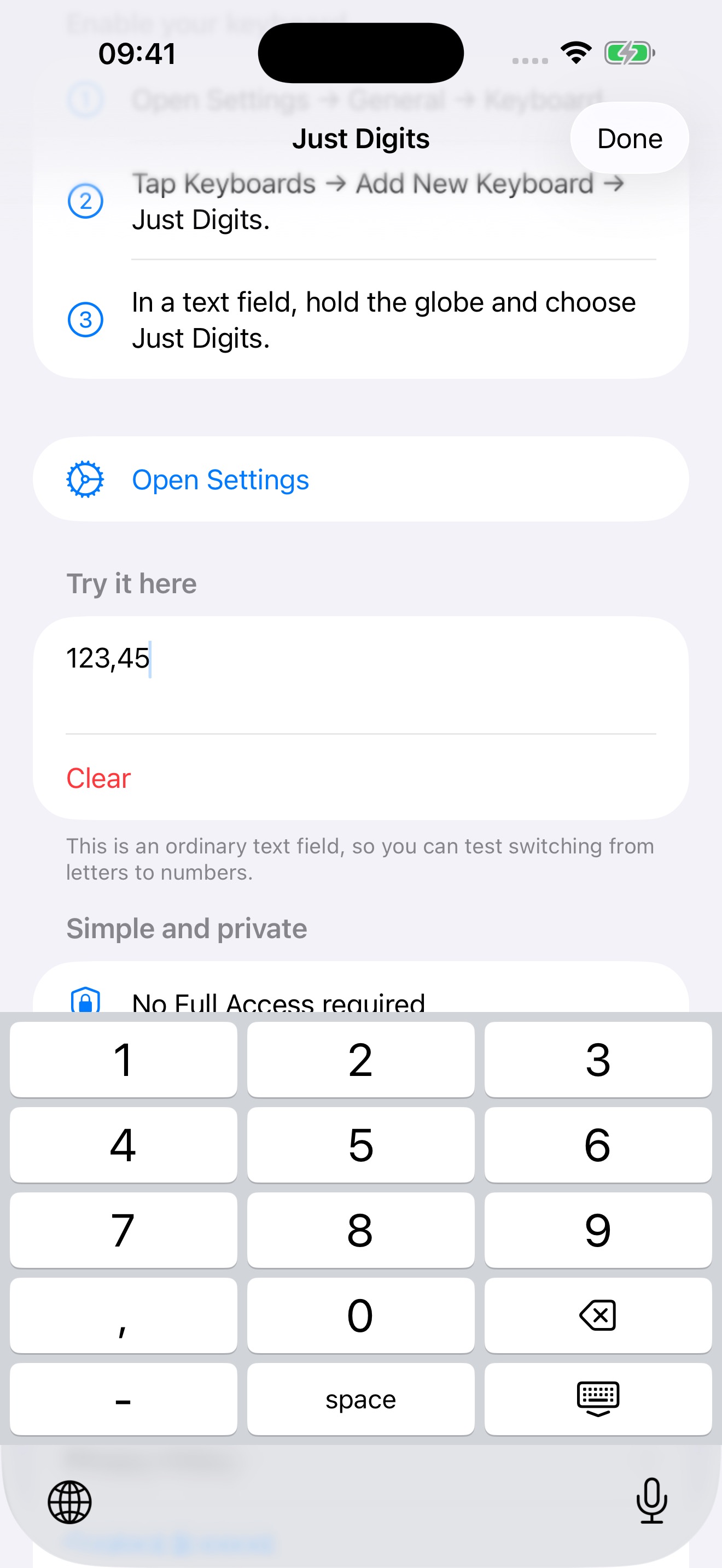 The Just Digits number pad keyboard open in light appearance.