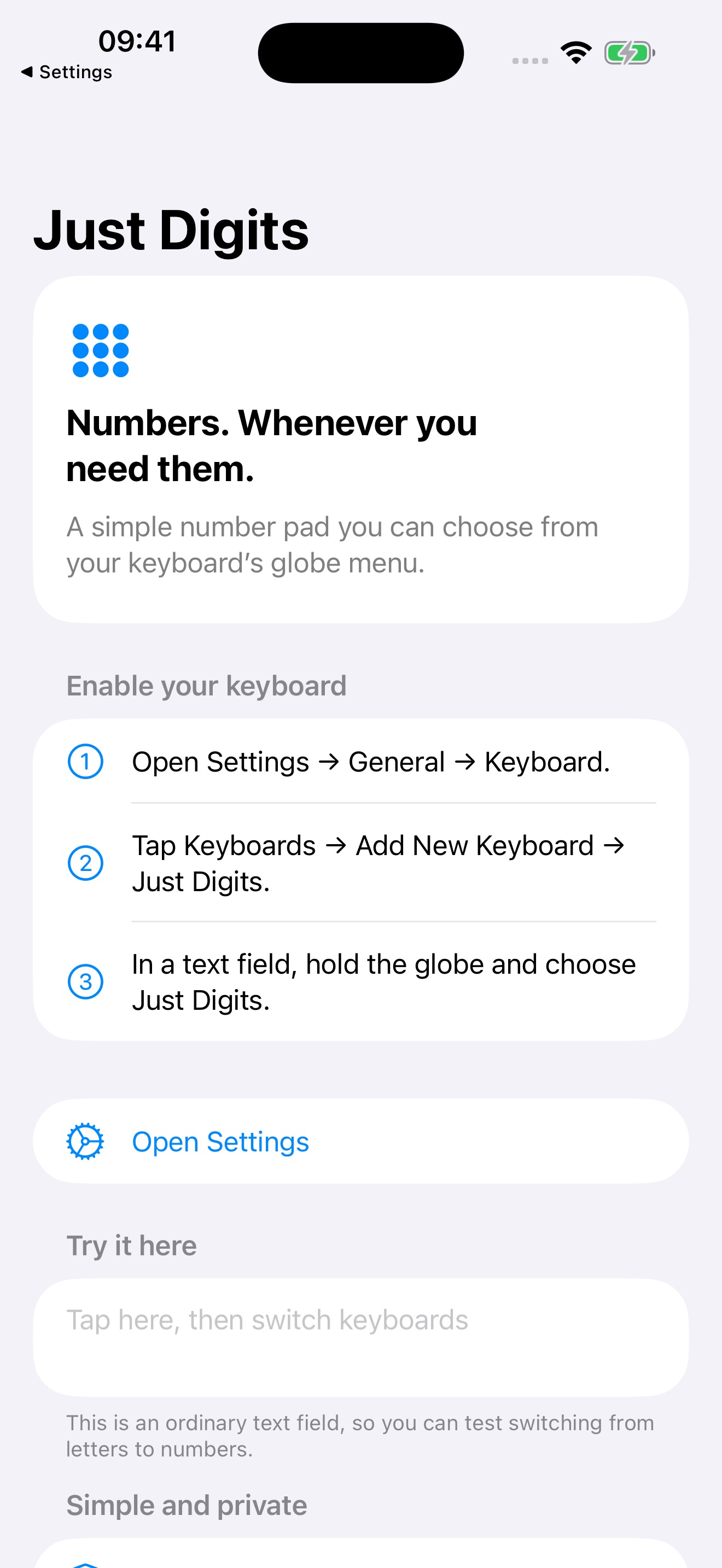 The Just Digits app showing its setup guide and test field in light appearance.