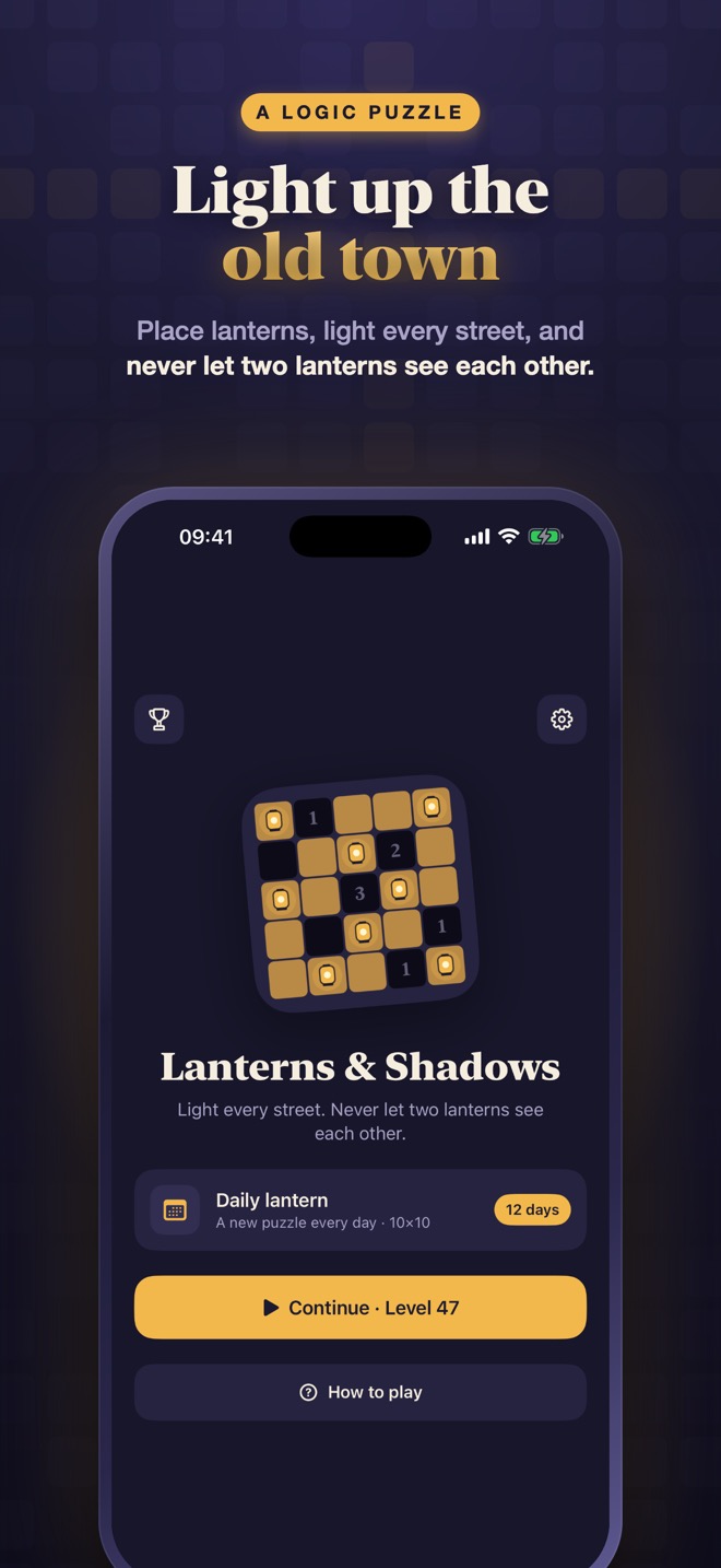 The Lanterns & Shadows home screen with the Daily Lantern streak and a Continue button.