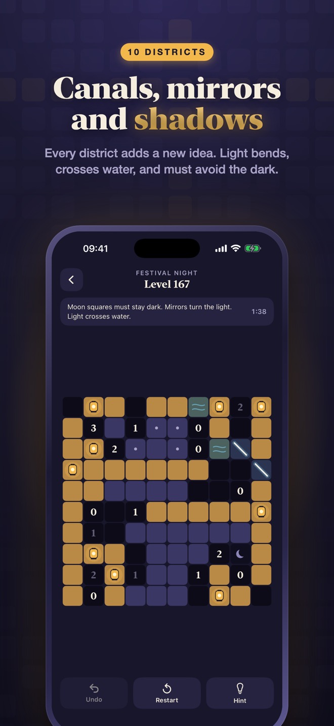 A Festival Night puzzle with canals, mirrors and shadow squares.