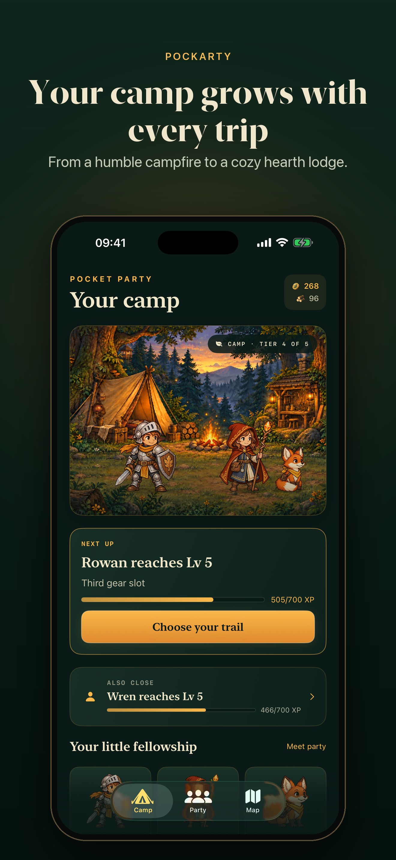 The Pockarty camp screen with Rowan, Wren and Pip by the campfire and the next goal to reach.
