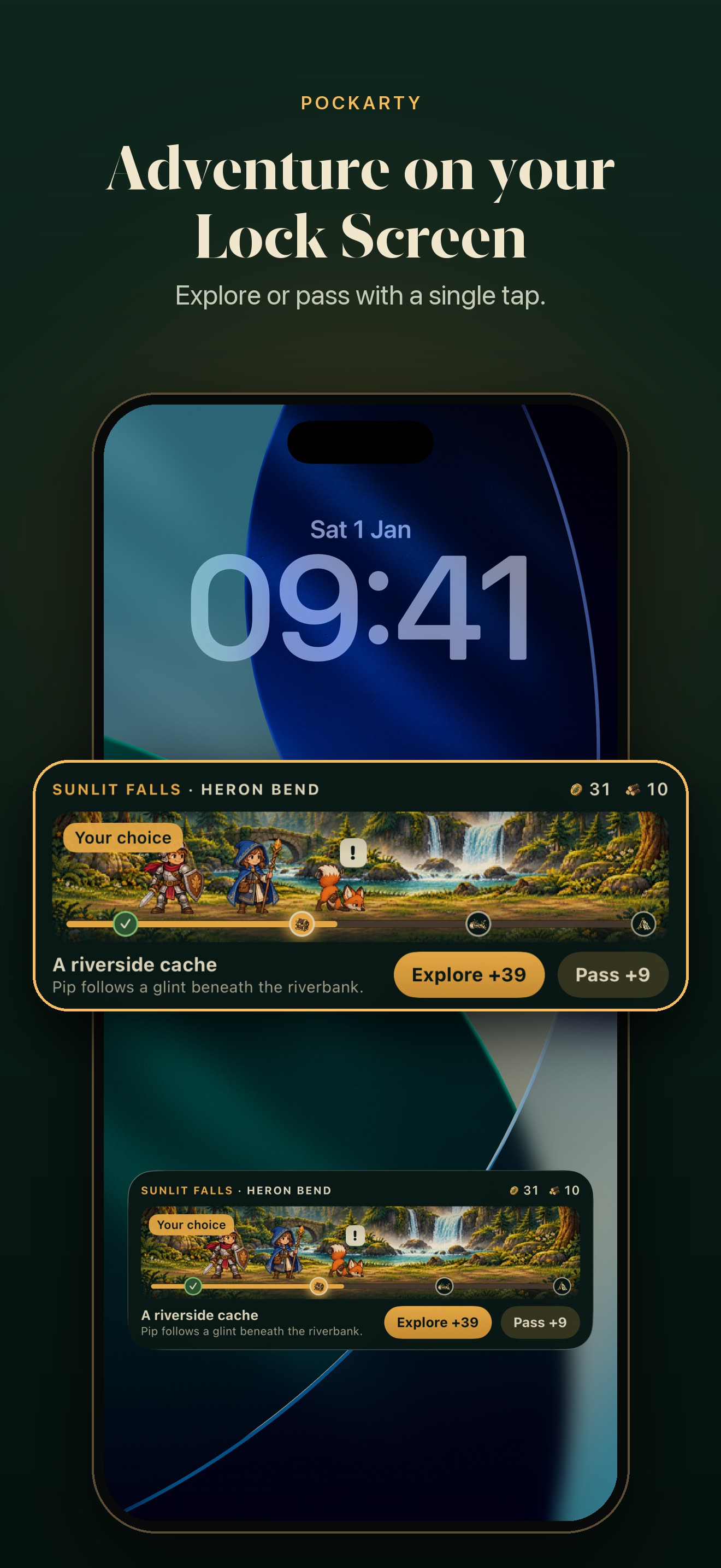 A Pockarty Live Activity on the Lock Screen with the party at a riverside cache and Explore and Pass buttons.