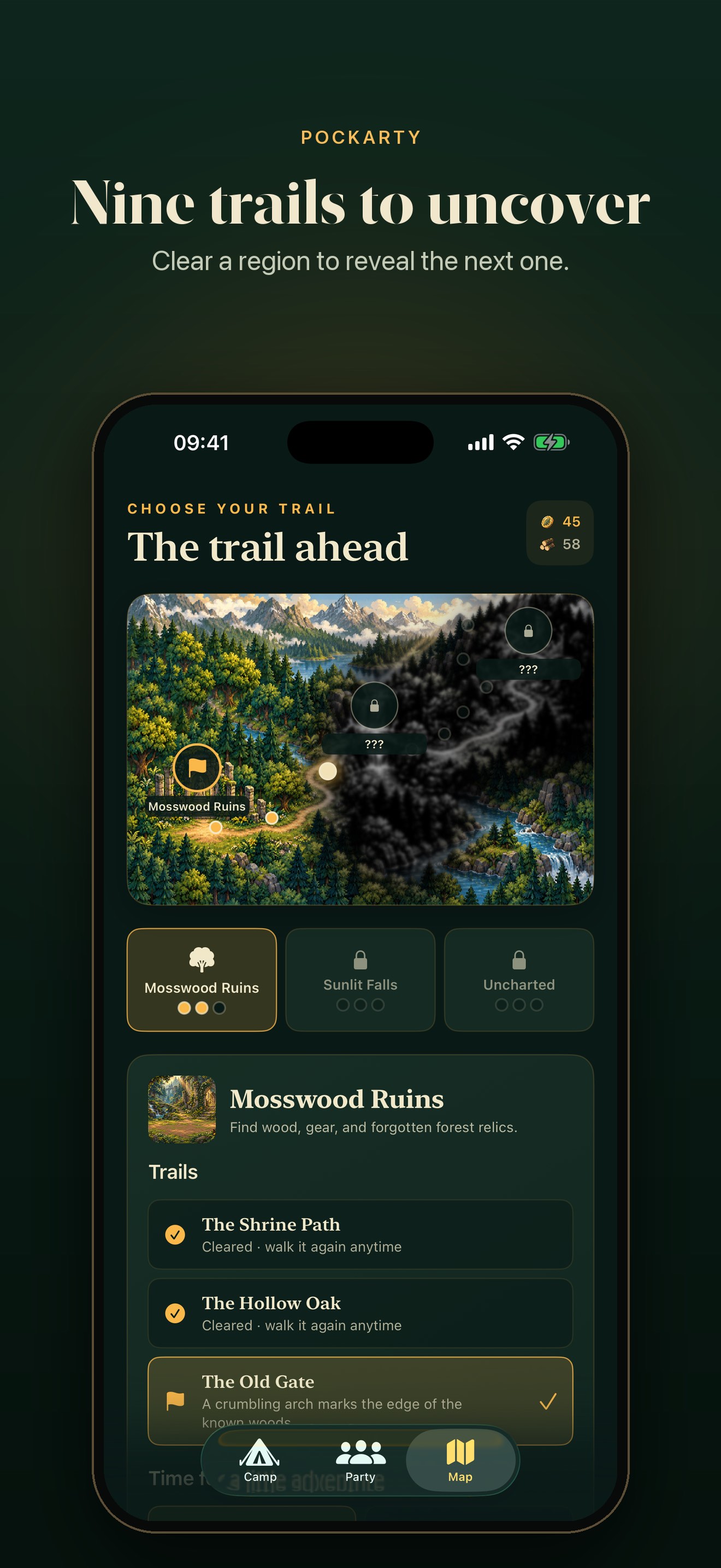 The Pockarty trail map showing the regions and trails still to uncover.