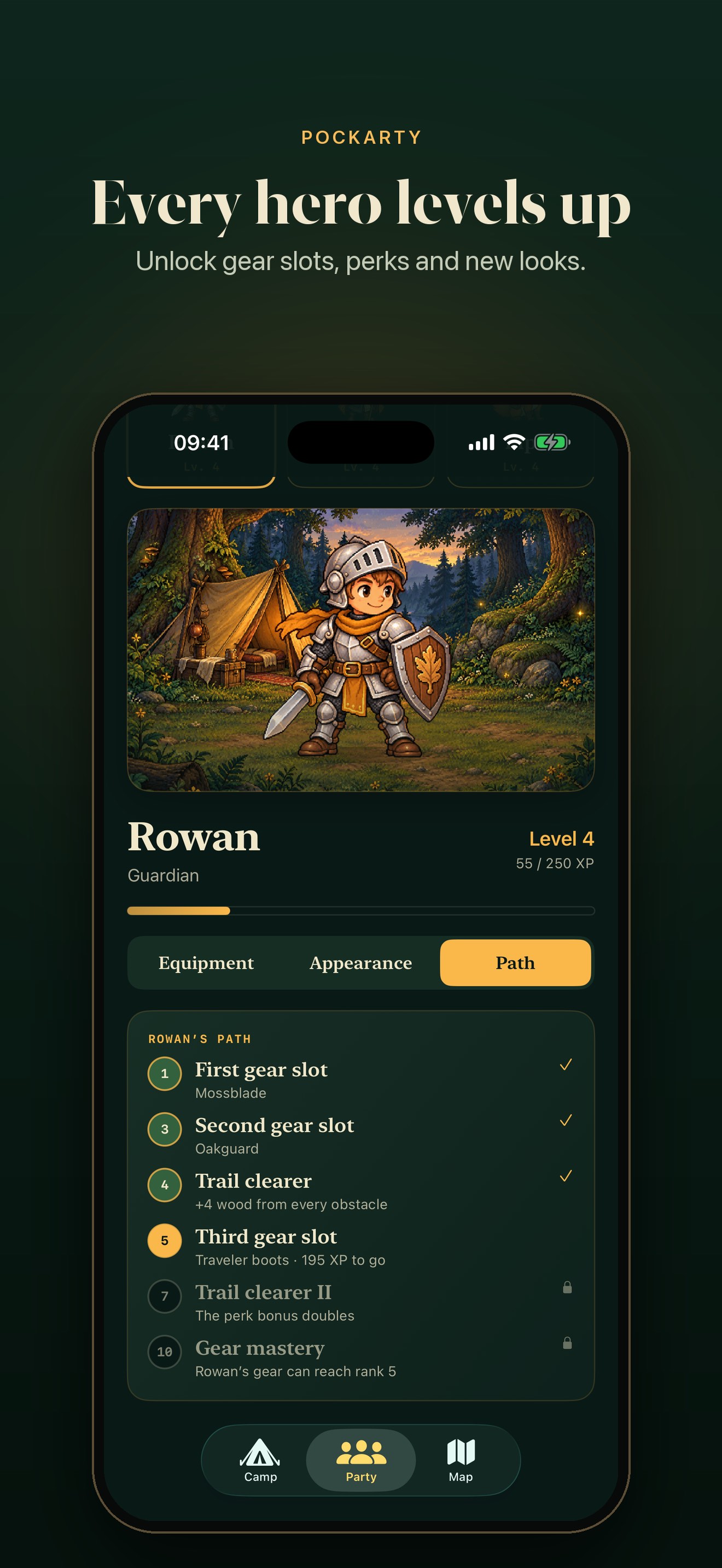 A Pockarty hero's level path with gear slots, perks and outfits to unlock.