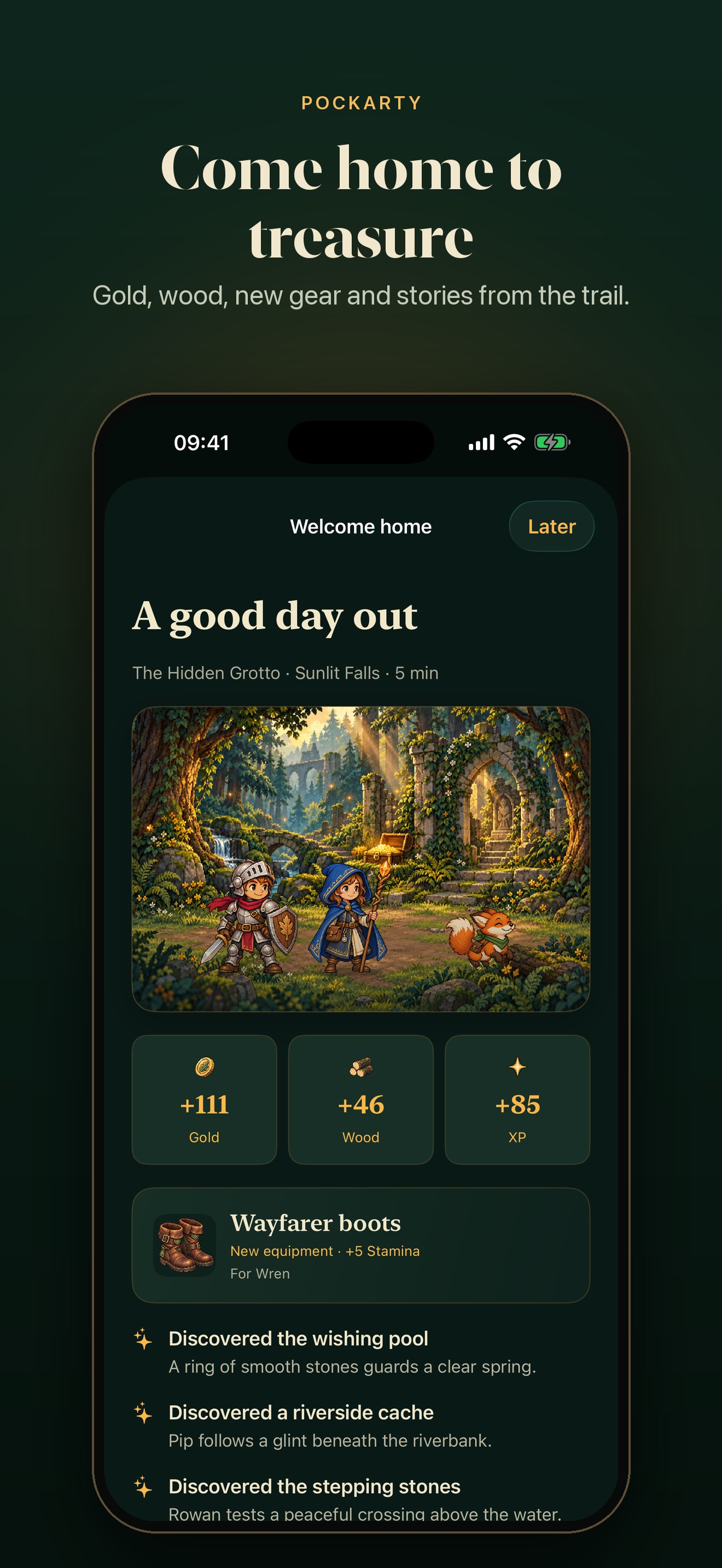The Pockarty rewards screen with gold, wood, experience and new gear from a finished trip.