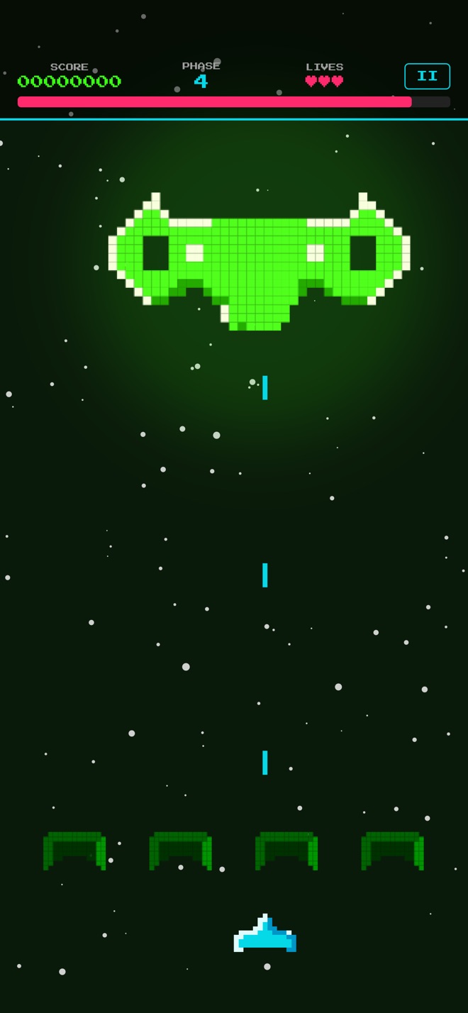 A Space Invaders boss battle against a giant green pixel-art invader with a health bar.