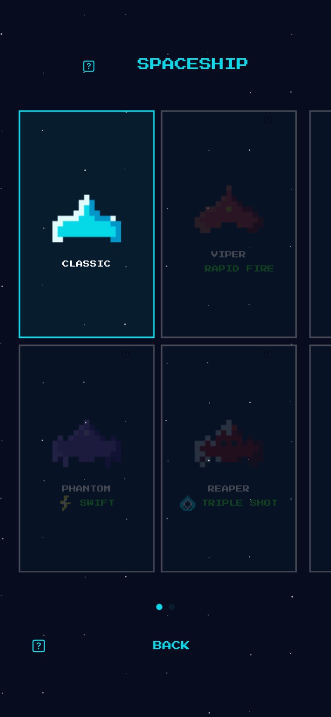 The spaceship selection screen with the Classic ship and locked skins.