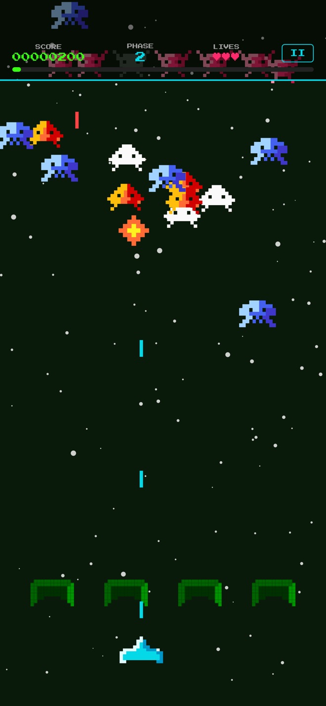 Space Invaders gameplay: the player's ship firing up at a formation of pixel-art invaders behind green shields.